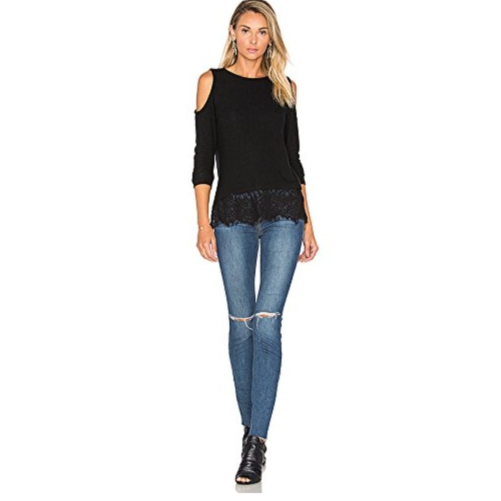 GENERATION LOVE Black Cold Shoulder Lace Trim‎ Long Sleeve Top Womens XS